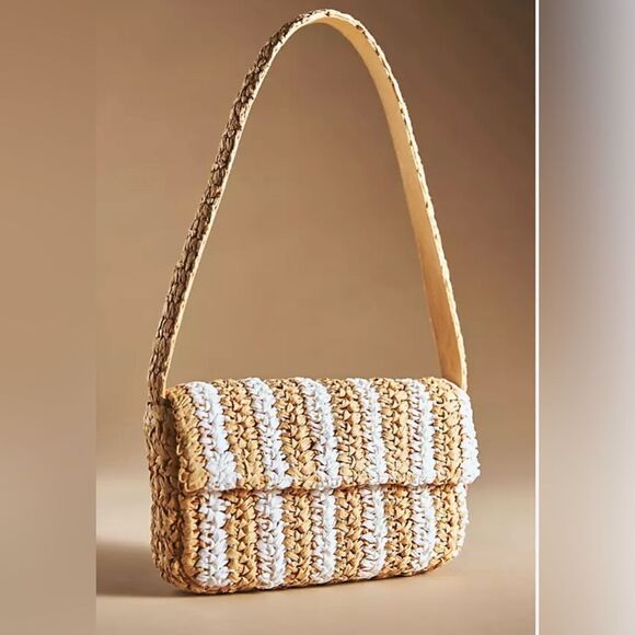 NWT Anthropologie striped Raffia Shoulder Bag In Beige small - Picture 1 of 7